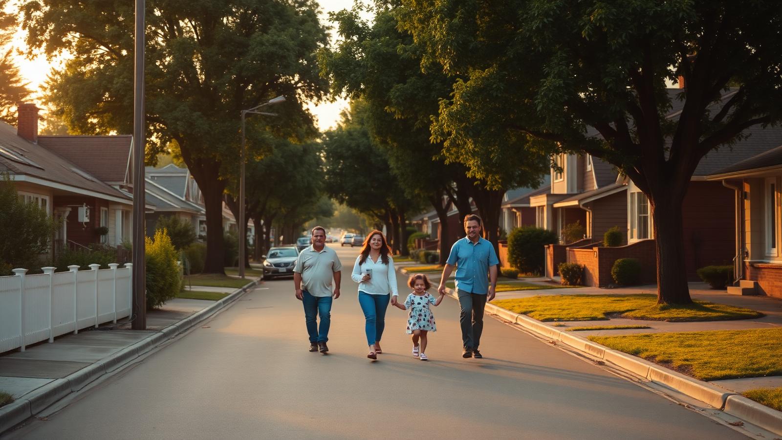 A family walking through their neighbourhood at sunset